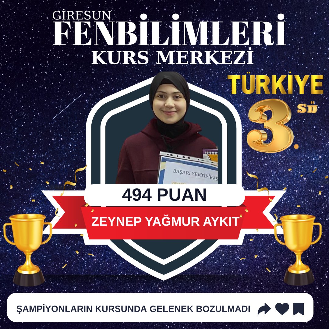 LGS 2025 FENBİLİMLERİ Öğrencileri Zirvede. Türkiye 3.sü Zeynep Yağmur AYKIT'ı tebrik eder, Başarılarının Devamını Dileriz.
#şampiyonlarınkursu #giresunfenbilimleri #LGS2025 #BaşarıTablosu #GururTablosu #giresun #eğitim #giresunkurs #giresuneğitim