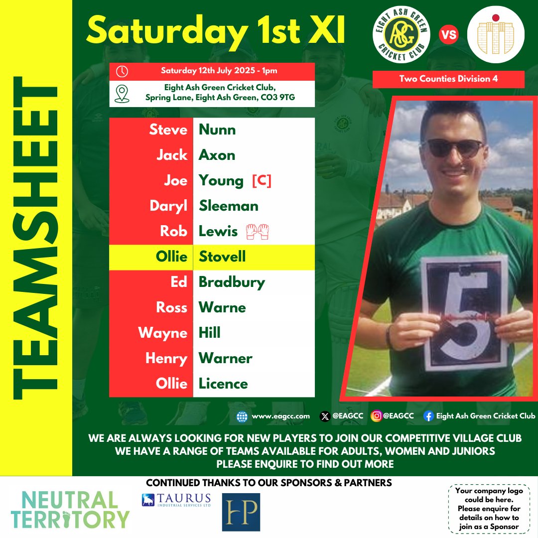 Today, the Saturday 1st XI host their home match against <a href="/WeAreCWCCC/">Chappel & Wakes Colne Cricket Club</a> 🏏
.
Here's our lineup, good luck to the team! 💪
.
The bar is open from 1pm, come down and support our team if you can! 🍻
.
#EAGCC #EightAshGreenCricketClub #EightAshGreen #ComeOnTheGreen