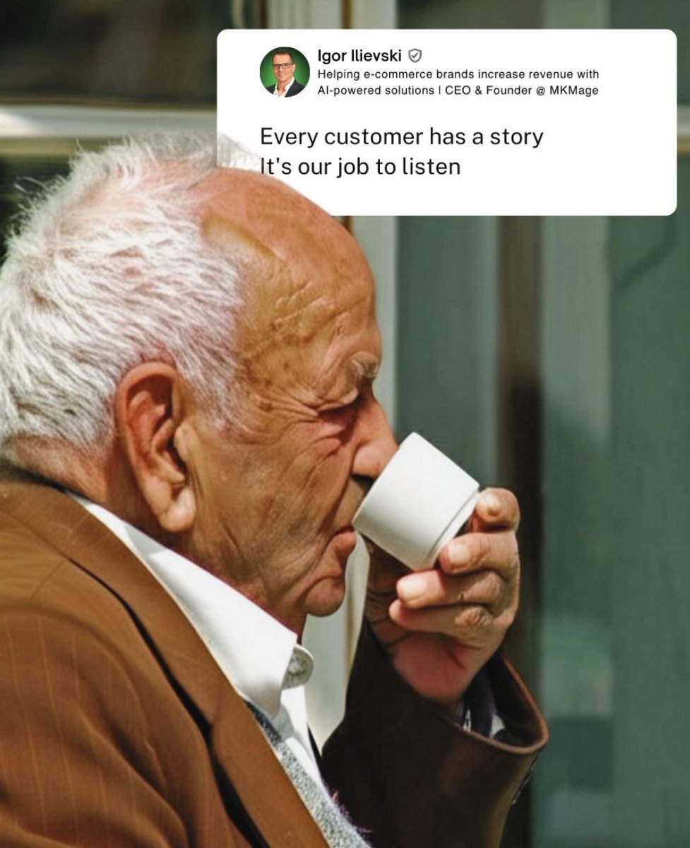 igorilievski5's tweet photo. Today I met an older man in a café 

War vet. Grandfather. Decades of stories.

But invisible for everyone

Most customers feel the same way.
→ Hopeful but unseen.

We chase metrics, not meaning.

Fix that:
→ Read their reviews 
→ Join their community 
→ Rewrite your copy https://t.co/NkNQPQTRAS