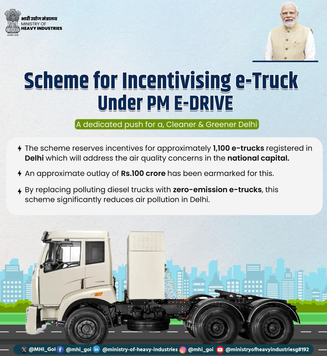 A Major Push for a Cleaner &amp; Greener Delhi

The Scheme for Incentivising e-Trucks under PM E-DRIVE reserves incentives for approximately 1,100 e-trucks registered in Delhi, aimed at addressing the air quality concerns in the national capital. An outlay of approximately ₹100