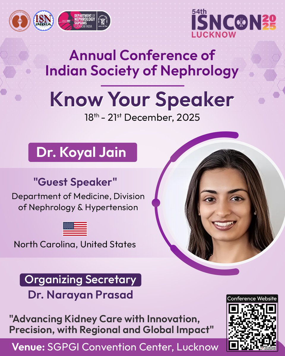 Isncon25's tweet image. Meet the Expert | ISNCON 2025
βοΈ Dr. Koyal Jain
Welcoming our Renowned International Faculty to Lucknow!
Learn from the best in Nephrology this December.
π SGPGIMS, Lucknow
π
18th β 21st Dec 2025
#ISNCON2025 #MeetTheExpert #GlobalFaculty #NephrologyInsights