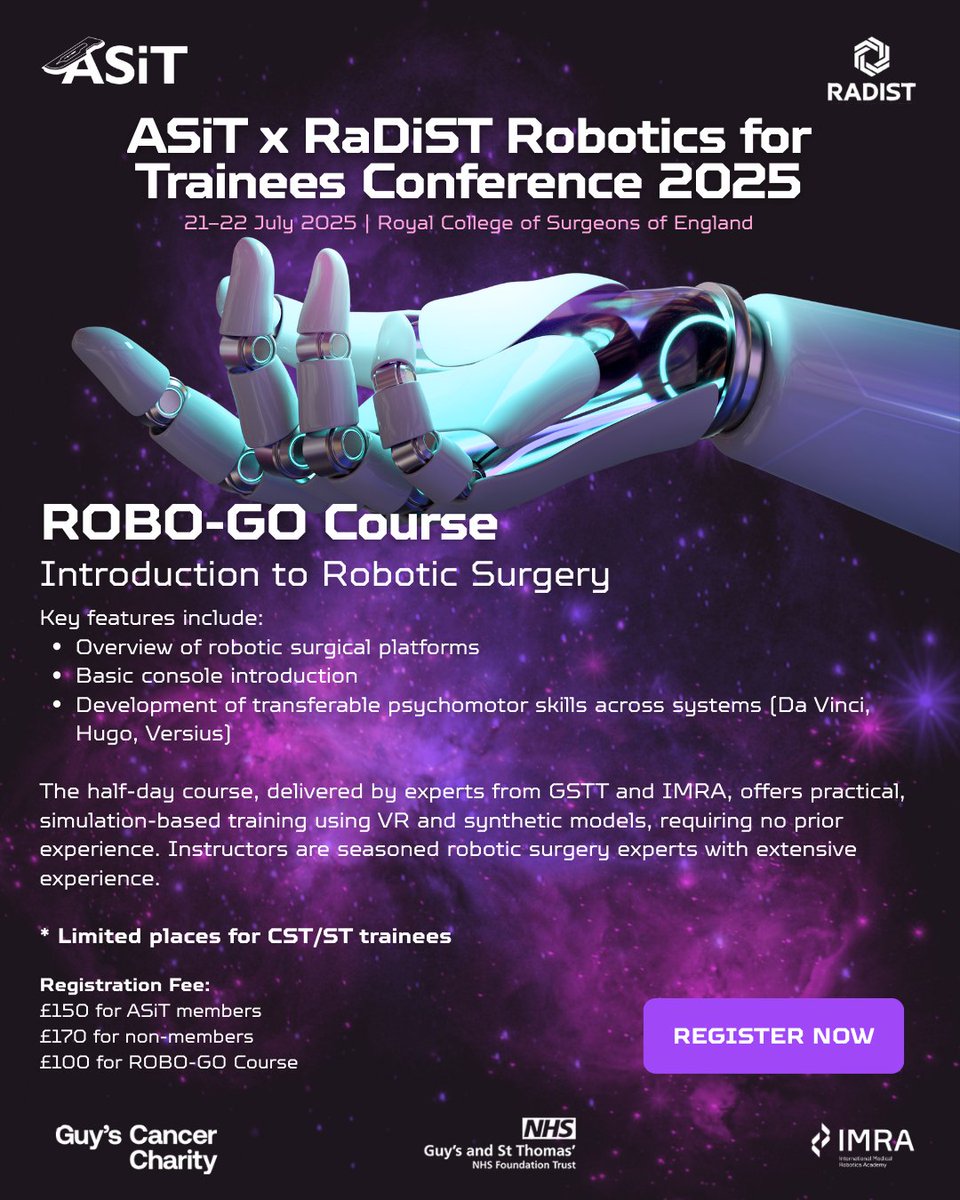 📢ONLY 5 SPOTS LEFT for ROBO-GO! 

✅ Console + #psychomotor skills
🤖 Multi-platform (Da Vinci, Hugo, Versius)
🧠 VR + synthetic training
👨‍⚕️ Expert robotic surgeons

📅 21–22 July | GSTT x IMRA 

Link to register: asit.org/events/2025/ro…