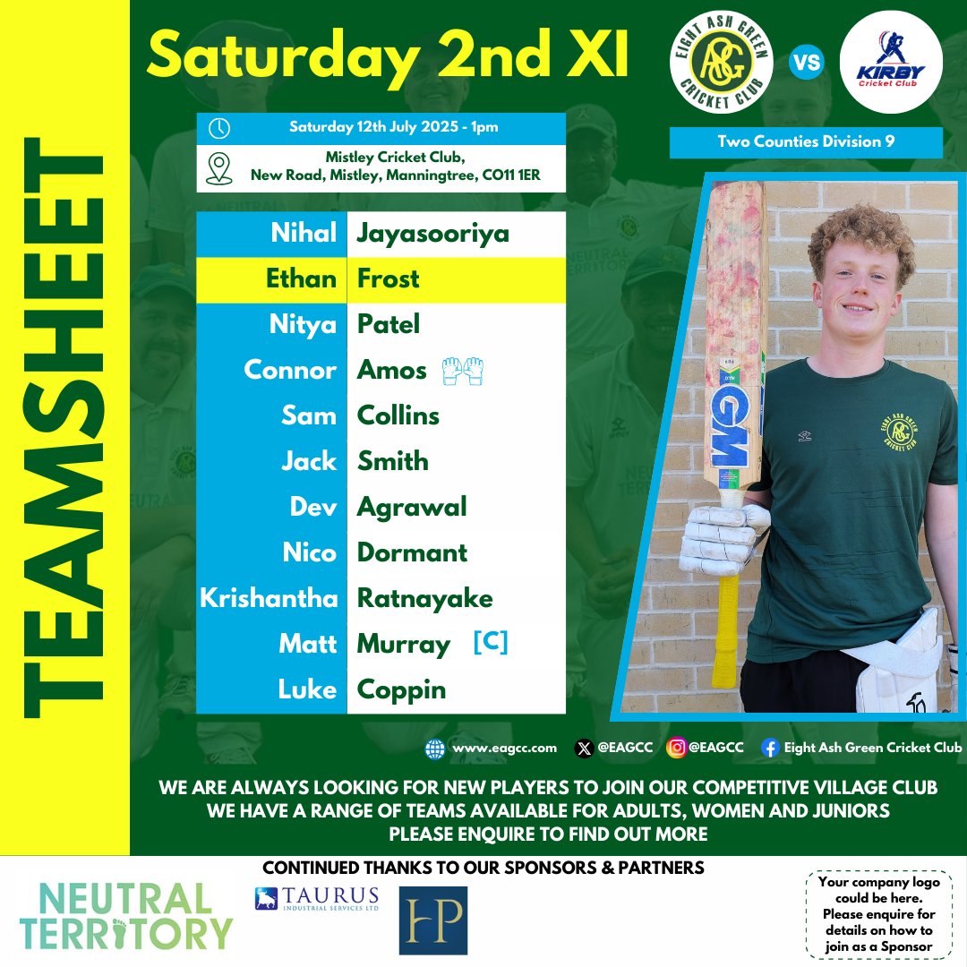Today the Saturday 2nd XI host Kirby for their fixture over at <a href="/MistleyCC/">Mistley Cricket Club</a> 🏏
.
Here's our lineup, good luck to the team! 💪
.
#EAGCC #EightAshGreenCricketClub #EightAshGreen #ComeOnTheGreen