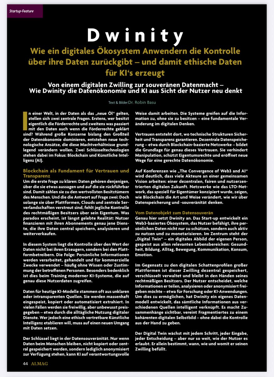 dwinity_eco's tweet image. How can we reclaim data sovereignty &amp;amp; build ethical AI?

🧠 Dwinity featured in the new issue of AI.MAG – authored by @dr_robinbasu and published by @PeterCKrel46798 

Explore how Digital Twins &amp;amp; Data Staking redefine control.
👇 Full article (free PDF) in comments.