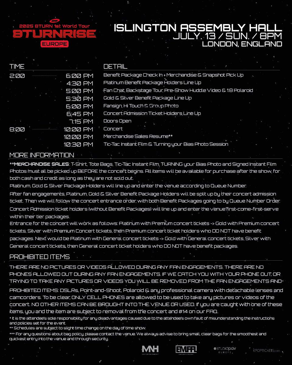 StudioPAVEurope's tweet image. London #TURNING 🇬🇧 please save your concert day schedule!
If you have a Benefit Package or any pre-ordered items, you must check in to receive your items between the designated time listed above! ⏰
Merchandise, Tic-Tac Instant Film, TURNING your Bias Photo and Signed Instant…
