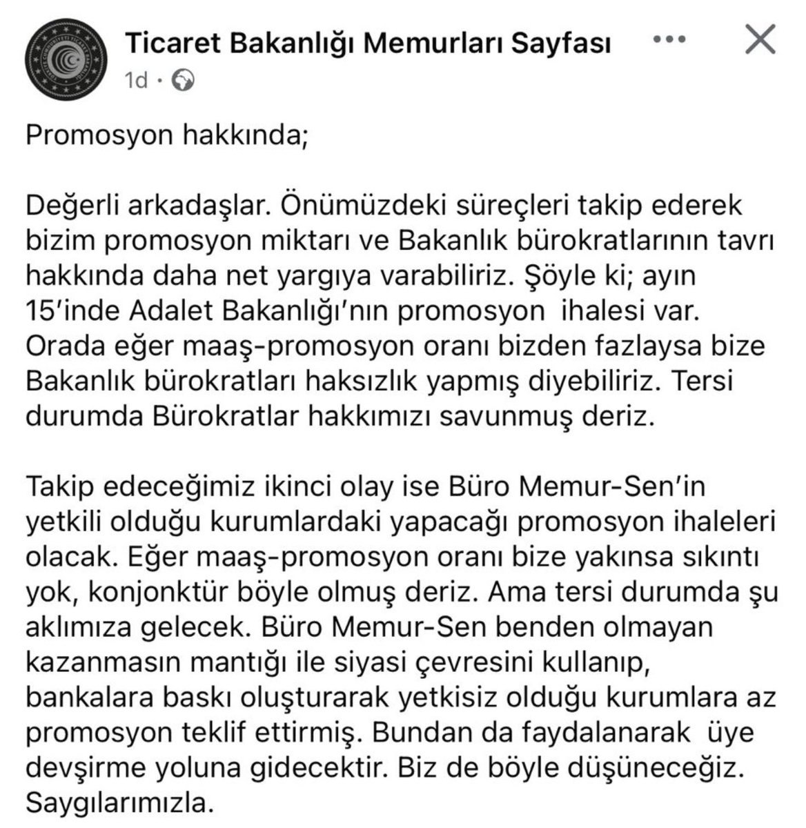 Aşağıdaki iftiralara,  kurumsal kimliğimize karşı  mesnetsiz ithamlara, Ticaret Bakanlığı Banka Promosyonu sürecine ilişkin açıklama yapma zorunluluğu doğmuştur.

📌 Ticaret Bakanlığında yetkili sendika Kamu-Sen Konfederasyonuna bağlı Türk Büro-Sen’dir. 
📌 Büro Memur-Sen ihale