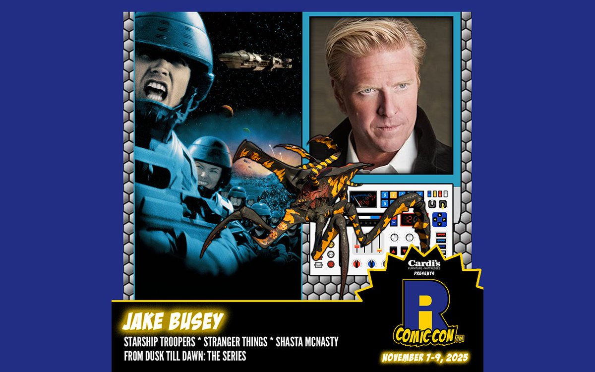 ricomiccon's tweet image. Please welcome @TheJakeBusey to #RICC2025 at @The_AMPPVD and @RIConvention! Jake played Ace Levy in Starship Troopers. His other roles include serial killer Johnny Bartlett in The Frighteners, Kyle Brenner in Tomcats, Aiden Tanner in From Dusk till Dawn: The Series, Bruce in…