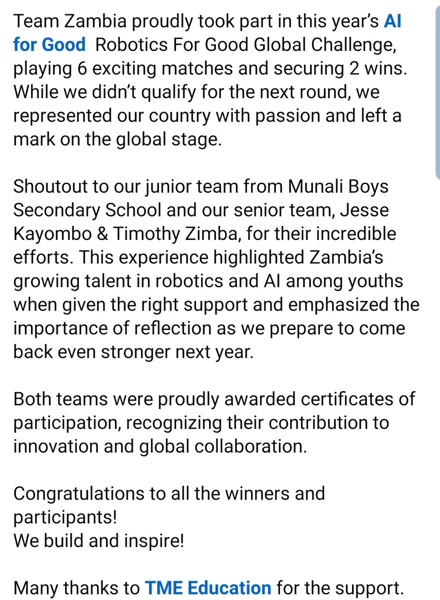 plant a tree 🌱 (@mhopemk) on Twitter photo Zambia ku Chalo! 🙌🇿🇲✈
Students from Munali Boys and others took part in this year's <a href="/AIforGood/">AI for Good 🇺🇳 #AIforGood</a> where their Robotics team played 6 matches and won two.
They have made us proud and I am sure will do even better next year. Zambia ku Chalo! 🙌🇿🇲✈
Students from Munali Boys and others took part in this year's <a href="/AIforGood/">AI for Good 🇺🇳 #AIforGood</a> where their Robotics team played 6 matches and won two.
They have made us proud and I am sure will do even better next year.