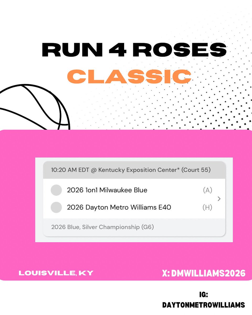 Dayton Metro Williams (@dmwilliams2026) on Twitter photo Come check us out today!
Game 1: 10:20am, Court 55
#daytonmetrobasketball
<a href="/DayMetroHoops/">Dayton Metro Hoops</a> <a href="/Elite40League/">Elite 40 League</a> Come check us out today!
Game 1: 10:20am, Court 55
#daytonmetrobasketball
<a href="/DayMetroHoops/">Dayton Metro Hoops</a> <a href="/Elite40League/">Elite 40 League</a>