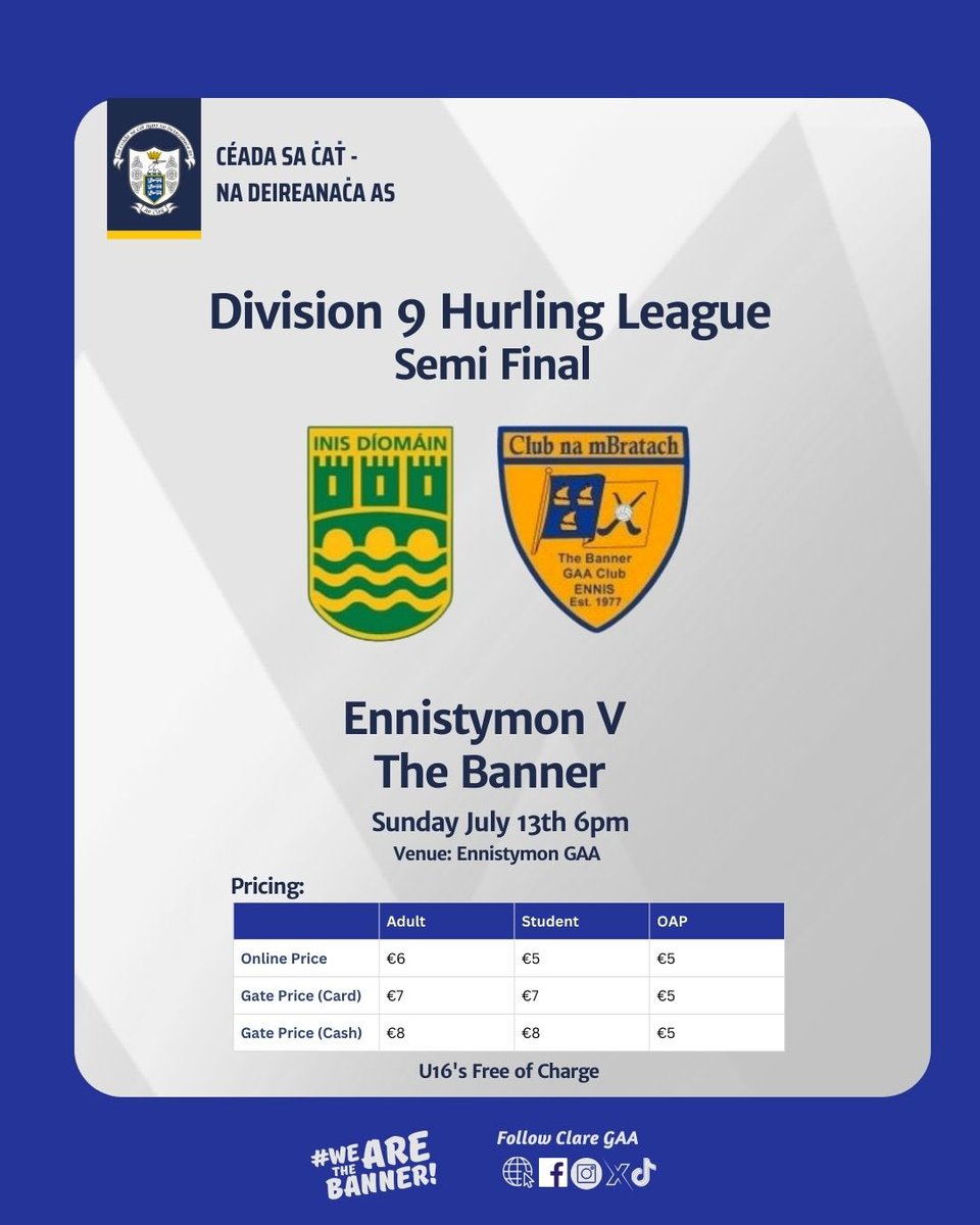 Clare Gaa (@gaaclare) on Twitter photo Best of luck to all teams playing in the Division 9 Hurling Finals tomorrow.
Tickets available online via the Clare GAA Website. When purchasing tickets ensure private browser is switched off to allow for a smooth checkout.
<a href="/CrusheenGaa/">Crusheen GAA Club</a> <a href="/clonlaragaaclub/">clonlaragaaclub</a>
<a href="/etymonhurling/">Ennistymon Hurling</a> Best of luck to all teams playing in the Division 9 Hurling Finals tomorrow.
Tickets available online via the Clare GAA Website. When purchasing tickets ensure private browser is switched off to allow for a smooth checkout.
<a href="/CrusheenGaa/">Crusheen GAA Club</a> <a href="/clonlaragaaclub/">clonlaragaaclub</a>
<a href="/etymonhurling/">Ennistymon Hurling</a>