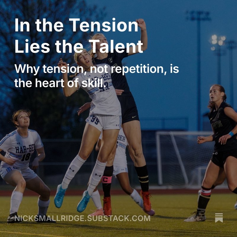Where chaos and control meet, skill takes shape. 

If we want adaptable players, we can’t just train patterns, we must train those moments of tension where choices emerge. That’s where the real talent is forged. Read more below. ⬇️

🔗 nicksmallridge.substack.com/p/in-the-tensi…