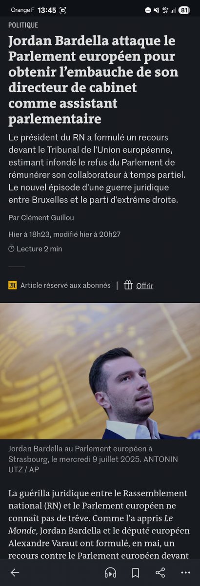 Marine Le Pen a été condamnée avec inéligibilite provisoire au nom du risque de récidive d'emplois fictifs. 

Elle veut présenter patte blanche en appel.

Le dauphin voudrait lui savonner la planche qu'il s'y prendrait pas autrement.
🍿
lemonde.fr/politique/arti…