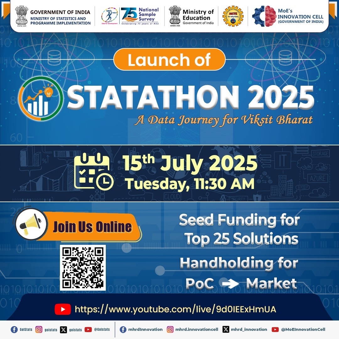 Ministry of Statistics & Programme Implementation (@goistats) on Twitter photo 🚀 STATATHON 2025 is here!
MoSPI x MIC-AICTE invite students & startups to bring bold tech ideas that can transform official statistics.
Be part of India’s data innovation journey!
🔍 #Statathon2025 #MoSPI #AIforStats #InnovationChallenge
<a href="/PMOIndia/">PMO India</a> <a href="/Rao_InderjitS/">Rao Inderjit Singh</a> <a href="/_saurabhgarg/">Saurabh Garg</a> 🚀 STATATHON 2025 is here!
MoSPI x MIC-AICTE invite students & startups to bring bold tech ideas that can transform official statistics.
Be part of India’s data innovation journey!
🔍 #Statathon2025 #MoSPI #AIforStats #InnovationChallenge
<a href="/PMOIndia/">PMO India</a> <a href="/Rao_InderjitS/">Rao Inderjit Singh</a> <a href="/_saurabhgarg/">Saurabh Garg</a>