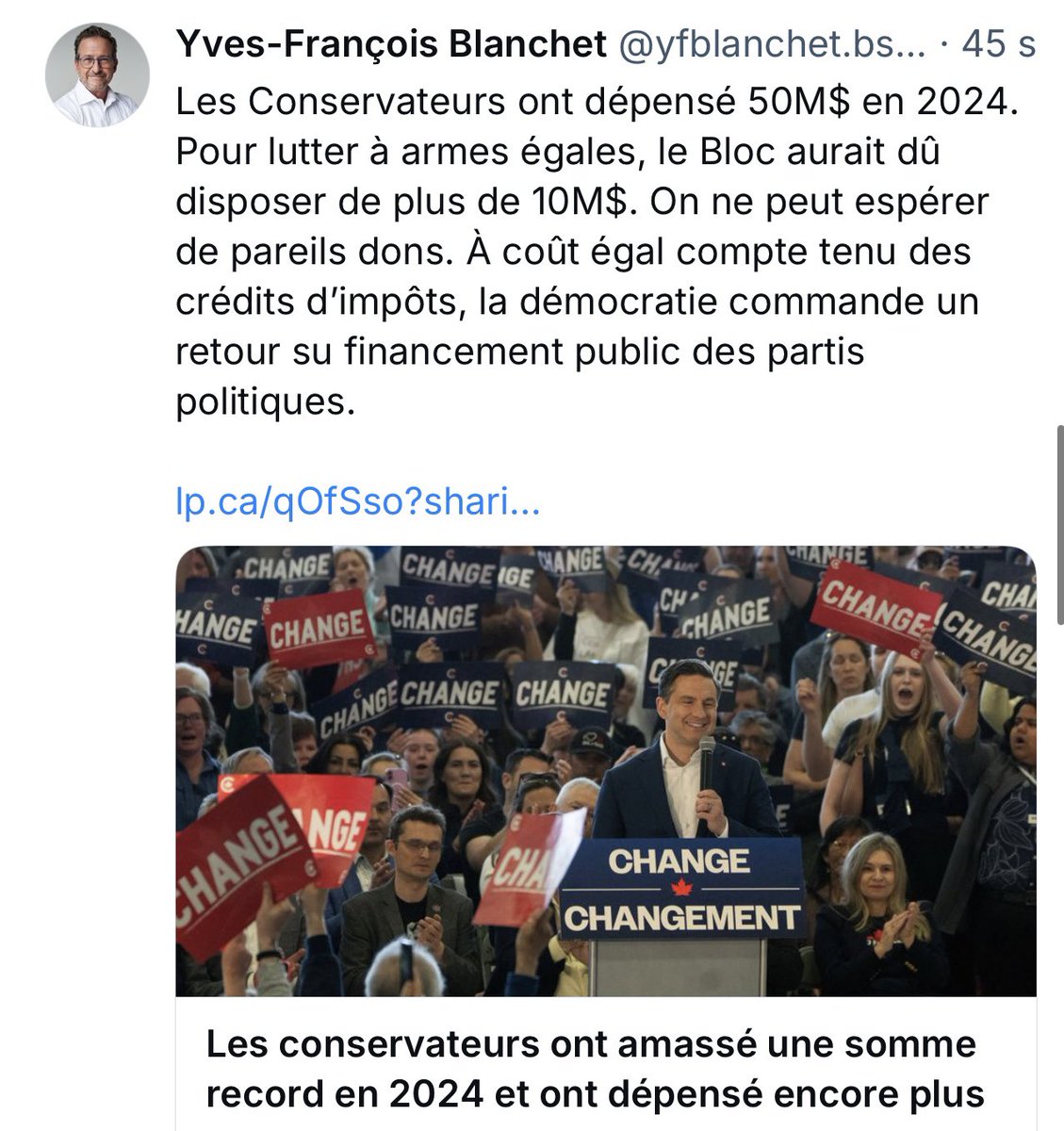yfblanchet's tweet image. Tant que les intérêts particuliers et l’attrait du pouvoir pour les servir pourront garder le bien commun secondaire, la démocratie s’affaiblira. Ça coûte cher, la publicité négative et la pollution organisée des réseaux…
Il faut rétablir le financement public des partis, à…