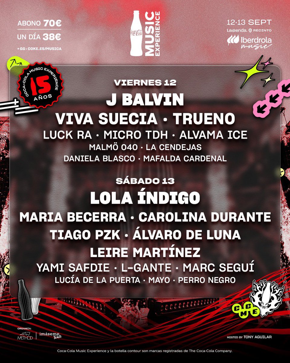 Tony Aguilar (@tonyaguilarofi) on Twitter photo ¡Esto es un no parar! 💥
Tras la incorporación de <a href="/lolaindigomusic/">Lola Indigo</a> y <a href="/Yamisafdie/">Yami Safdie ❤️🩹</a> al lineup
Así nos queda el cartel por días 🤩
¿A quién no quieres perderte?
Corre a por tu abono a coke.es/musica ¡Esto es un no parar! 💥
Tras la incorporación de <a href="/lolaindigomusic/">Lola Indigo</a> y <a href="/Yamisafdie/">Yami Safdie ❤️🩹</a> al lineup
Así nos queda el cartel por días 🤩
¿A quién no quieres perderte?
Corre a por tu abono a coke.es/musica