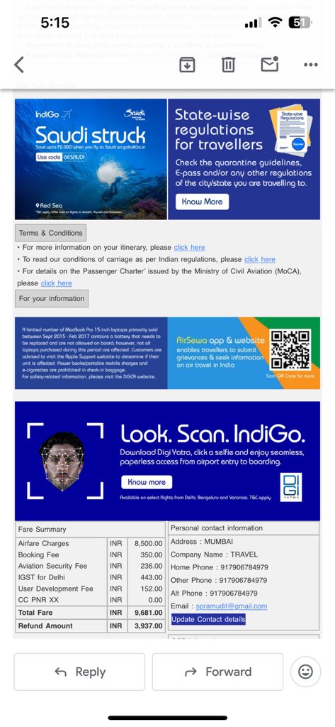 pgjain22's tweet image. Dear @Goibibo,
I’ve been chasing your customer care for over 2 months now regarding a refund of Rs. 3937 issued by the airline due to schedule changes. The airline clearly transferred the amount to you, as the booking was made through your platform. I’ve even attached the email…