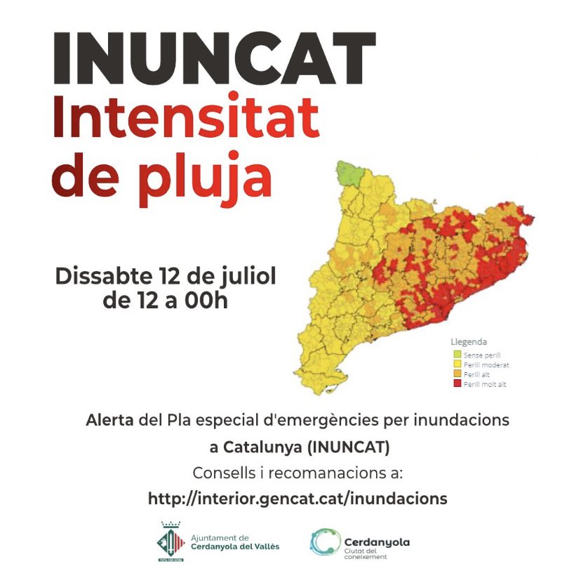 ❗️📣Alerta del Pla especial d'emergències per inundacions (INUNCAT) segons informa el Servei Meteorològic de Catalunya per intensitat  i acumulació de pluges.

#Cerdanyola està afectada per intensitat de pluja, fins a les 18h amb risc molt alt, i de 18 a 24h amb risc alt.