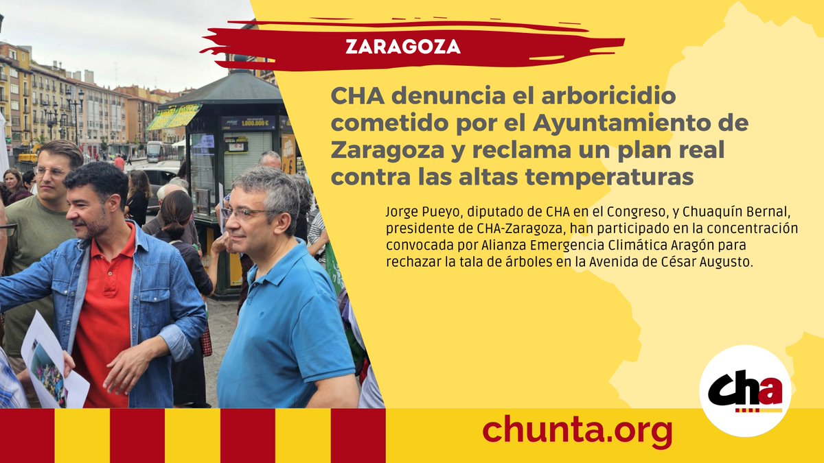 Chunta Aragonesista (@chunta) on Twitter photo 🌳 CHA denuncia el arboricidio cometido por el Ayuntamiento de Zaragoza y reclama un plan real contra las altas temperaturas
<a href="/jorge_pueyo95/">Jorge Pueyo</a> y <a href="/chuaquinbernal/">Chuaquín Bernal ////</a> han participado en la concentración convocada por Alianza Emergencia Climática Aragón
🔗 elblogdecha.org/cha-denuncia-e… 🌳 CHA denuncia el arboricidio cometido por el Ayuntamiento de Zaragoza y reclama un plan real contra las altas temperaturas
<a href="/jorge_pueyo95/">Jorge Pueyo</a> y <a href="/chuaquinbernal/">Chuaquín Bernal ////</a> han participado en la concentración convocada por Alianza Emergencia Climática Aragón
🔗 elblogdecha.org/cha-denuncia-e…