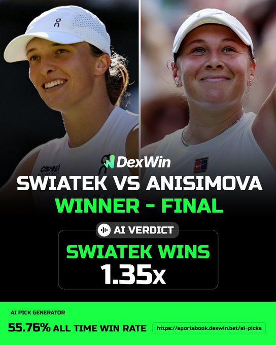 Wimbledon Women’s Singles Final 🏆 🎾 

Wimbledon 🏴󠁧󠁢󠁥󠁮󠁧󠁿 Tennis Betting Predictions, Tennis Betting Lines & Wimbledon 2025 Tennis Betting Odds Today 🎾 

🚨 Iga Swiatek vs Amanda Anisimova🚨

Follow @DexWin_Sports for the best Tennis betting odds, Tennis betting picks and Tennis predictions today 🎾