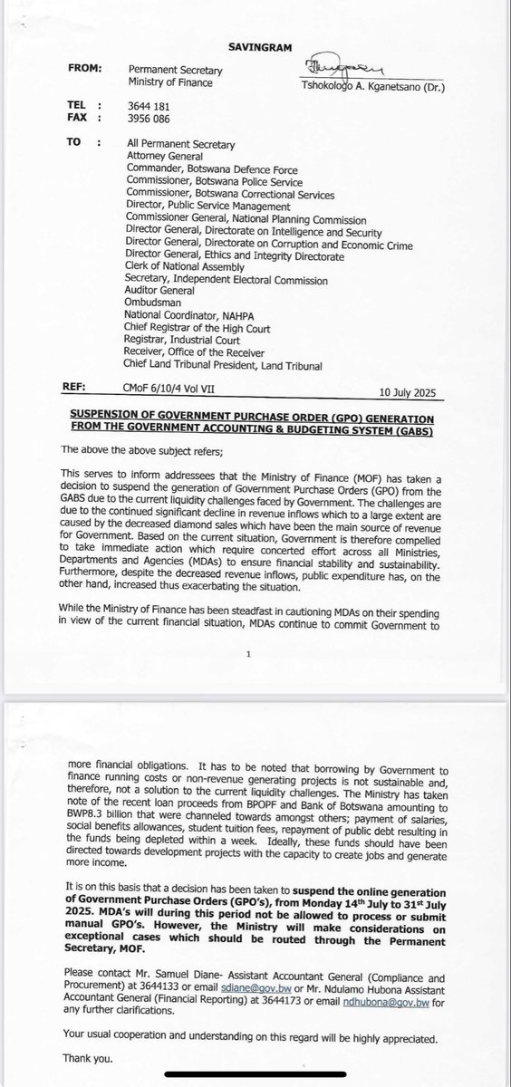 GOVERNMENT SUSPENDS PURCHASE ORDER GENERATION AMID FINANCIAL DIFFICULTIES