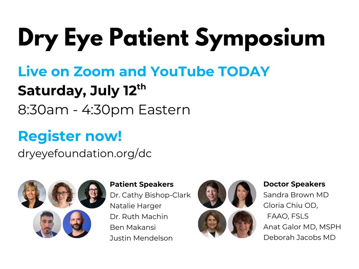 Today's the day! Join us live on Zoom and YouTube for our Dry Eye Symposium Livestream from 8:30am - 4:30pm Eastern. You won't want to miss this event. Register at: buff.ly/uzkk4r3.

#dryeyefoundation #dryeyeindc #dryeyeawareness
