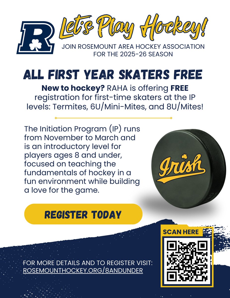 New to hockey? Now’s the time to get in the game!  First-year IP players (boys &amp; girls) register for FREE this season!
Sign up today and help us welcome more young skaters to the RAHA family:
rosemounthockey.org/2025registrati…