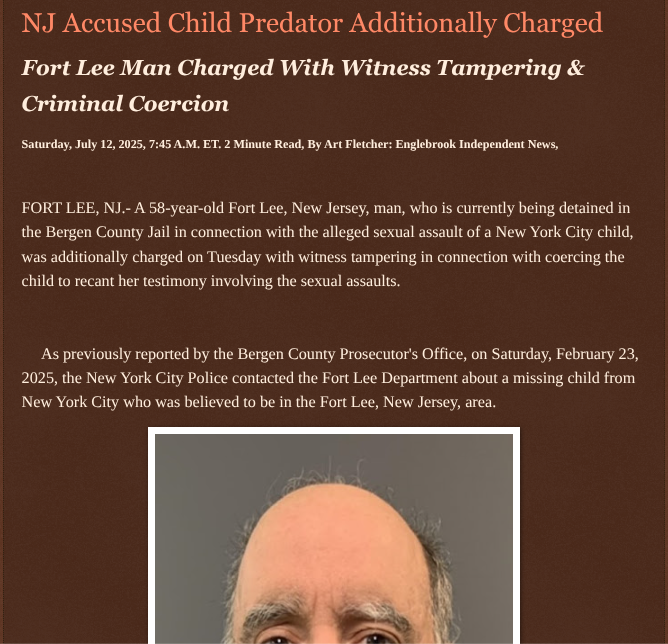 ArtFletcher9's tweet photo. NJ Accused Child Predator Additionally Charged https://t.co/MzjJggpPzS via @Englebrooknews #NewJersey #bergencountynj #fortleenj #accused #childpredator #additionally #charged #witness #tampering #child #victim @wireless_step @HRG_Media @LodiNJNews @SugarMAGA @fordmb1 @SarahGeving1 @Shannon96574094 @Daytobehappy @janninereid1 @MichelleF_35 @gator4kb18 @TrumpWasRite @KathyKbrose @RobGerundo @JimBobW49