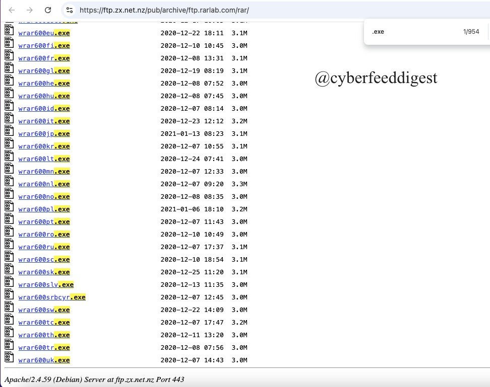 🔍 #Opendir found: 900+ .EXE &amp; .APK files in a single subdirectory.

Handle with caution — solid lead for #Malware analysts.
🧪 https[:]//ftp[.]zx[.]net[.]nz/pub/archive/ftp[.]rarlab[.]com/rar/

#CyberSecurity #ThreatIntel