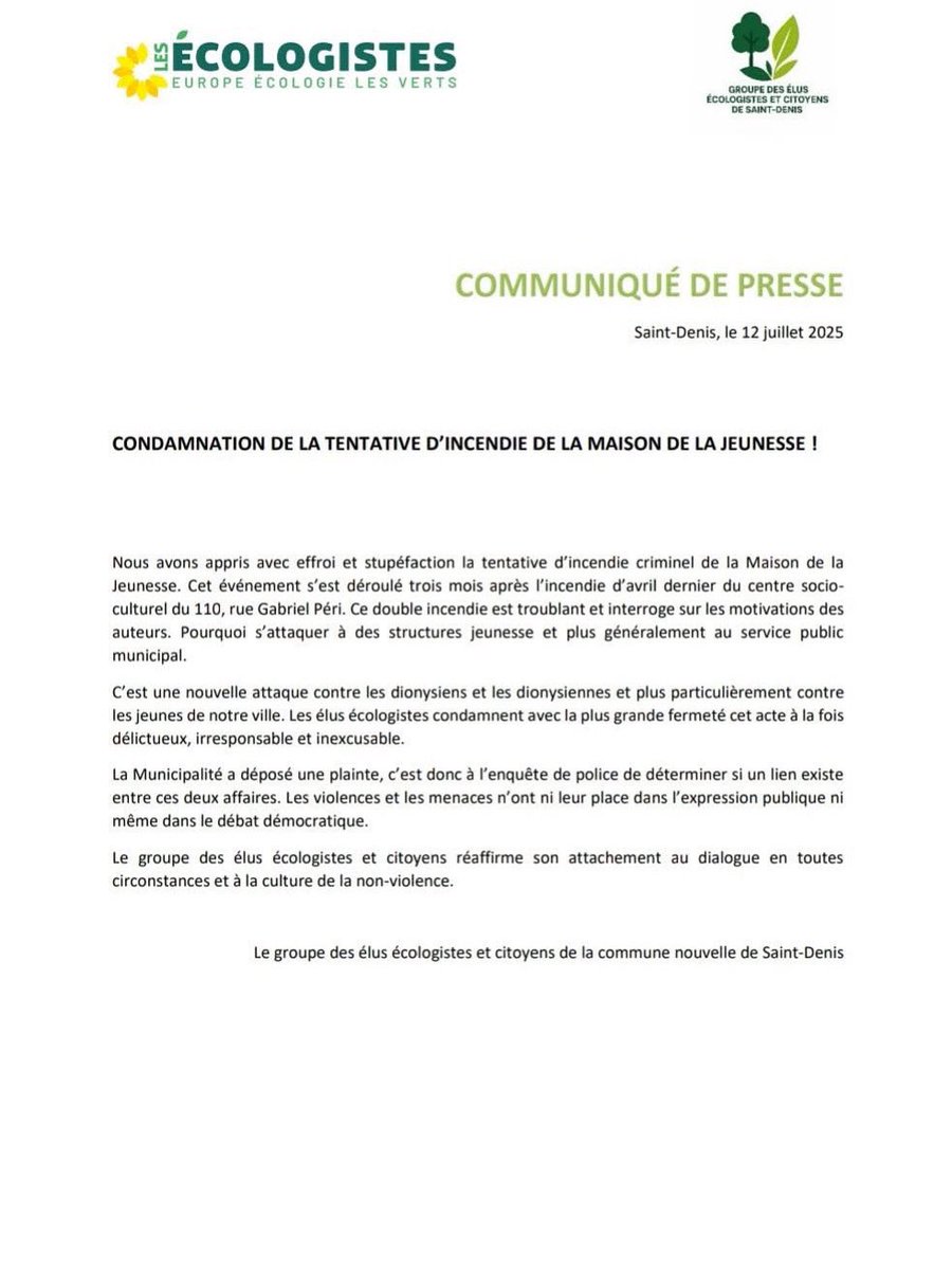 WhalidAllam's tweet image. Le groupe des élus écologistes et citoyens de la @VilleSaintDenis condamnent la tentative d'incendie de la Maison de Jeunesse.