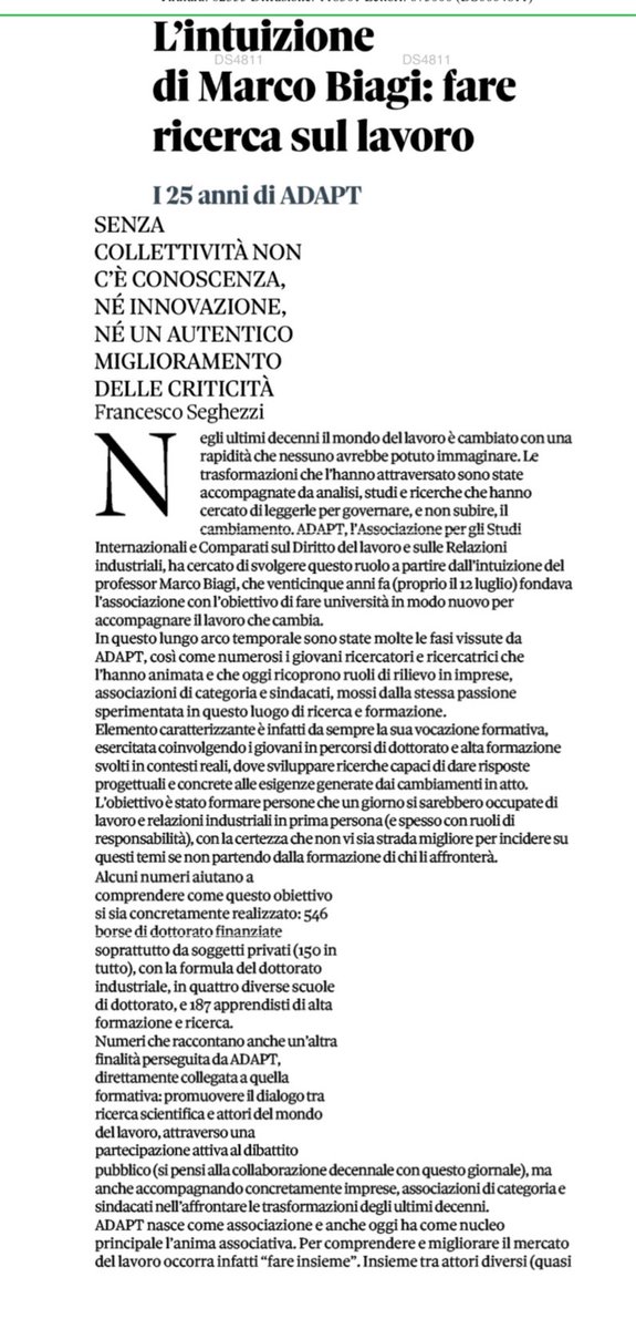 francescoseghez's tweet image. Oggi sono 25 anni di @adaptland, ho provato a scrivere qualcosa a riguardo sul Sole 24 Ore parlando soprattutto di un metodo che cerchiamo ancora di portare avanti a partire dall’intuizione di Marco Biagi e @MicheTiraboschi.