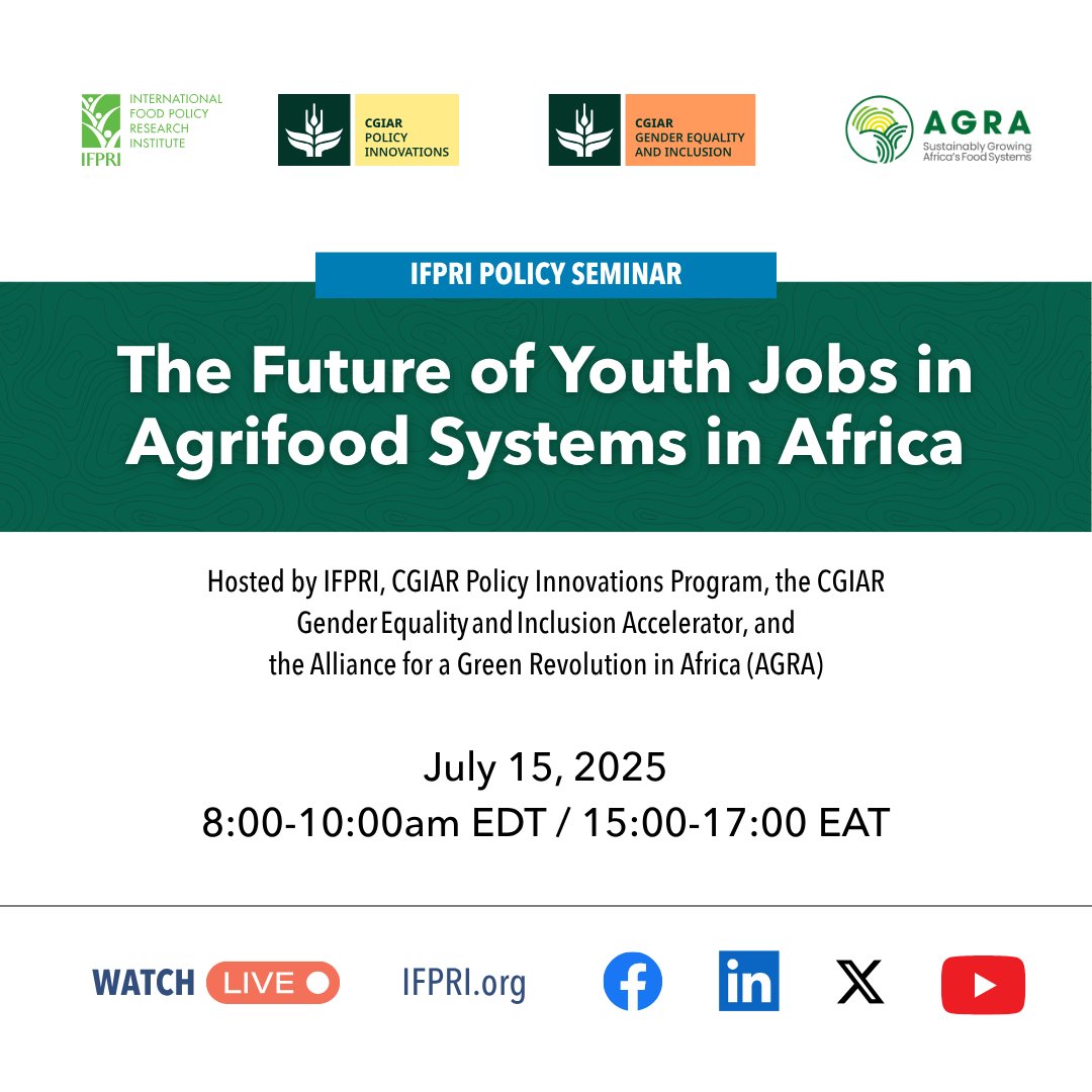 IFPRI (@ifpri) on Twitter photo 3️⃣ days until this #IFPRIPolicySeminar:
📌 The Future of Youth Jobs in Agrifood Systems in #Africa
🗓️ July 15 from 8:00 to 10:00AM EDT / 15:00 to 17:00 EAT
📍Online
🎟️ Register here: bit.ly/Youth-Africa
<a href="/aruhweza/">Alice Ruhweza</a> <a href="/swomamo/">Steven Were Omamo</a> <a href="/KibromAbay/">Kibrom Abay</a> <a href="/heckertjessica1/">Dr. Jessica Heckert</a> <a href="/mashwachakka/">Mashoko Chakanyuka</a> 3️⃣ days until this #IFPRIPolicySeminar:
📌 The Future of Youth Jobs in Agrifood Systems in #Africa
🗓️ July 15 from 8:00 to 10:00AM EDT / 15:00 to 17:00 EAT
📍Online
🎟️ Register here: bit.ly/Youth-Africa
<a href="/aruhweza/">Alice Ruhweza</a> <a href="/swomamo/">Steven Were Omamo</a> <a href="/KibromAbay/">Kibrom Abay</a> <a href="/heckertjessica1/">Dr. Jessica Heckert</a> <a href="/mashwachakka/">Mashoko Chakanyuka</a>