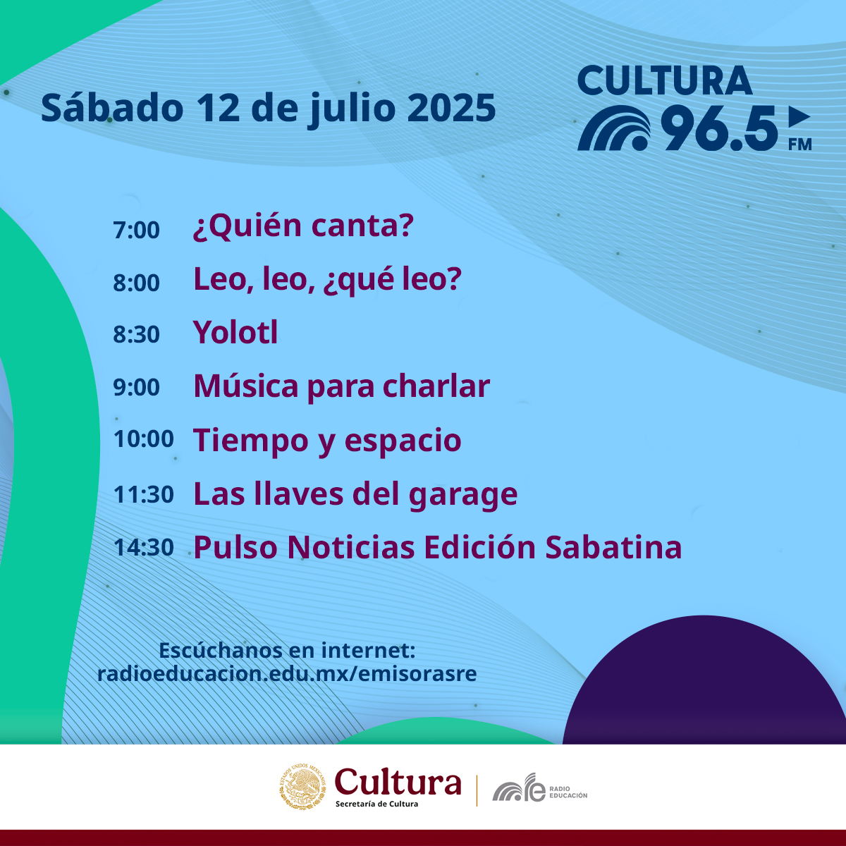 RadioEducacion's tweet image. ¡Este #sábado disfruta la mejor programación! Sintoniza #RadioEducación 😍

No te pierdas tus programas favoritos: #QuiénCanta 🎵 #Yolotl ❤️ Música para charlar 📢 #TiempoYEspacio 📆 Las llaves del garage 🔑 y mucho más 🎧

📻 96.5 FM #CDMX
📱 radioeducacion.edu.mx/emisoras