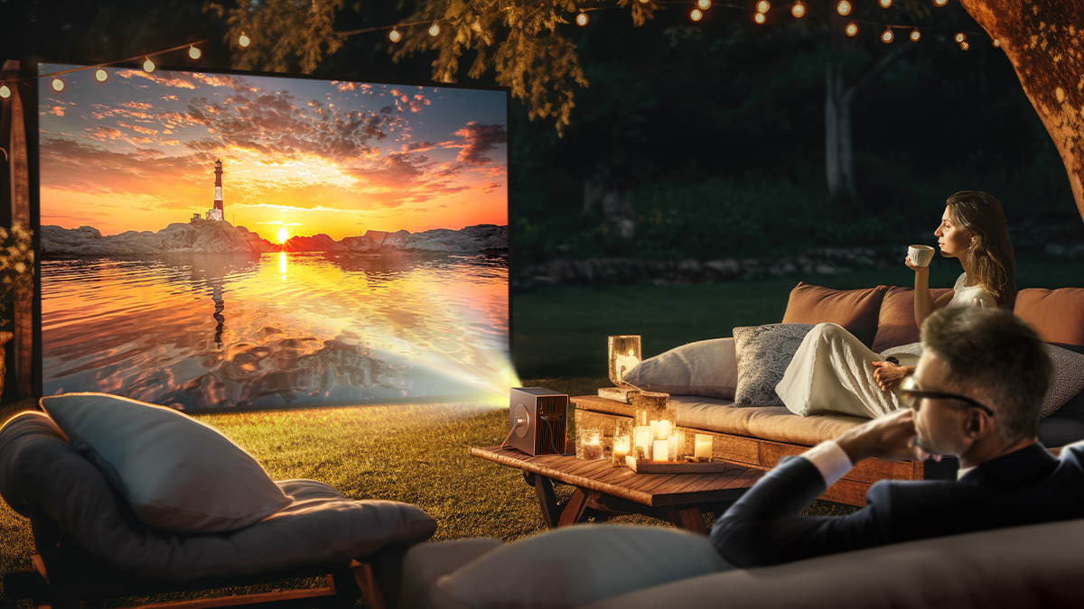 LGUS's tweet image. Backyard movies are a must with the LG CineBeam Q 4K Projector.
Watch scenes unfold in sharp contrast and jaw-dropping color—even outdoors. #LifesGood