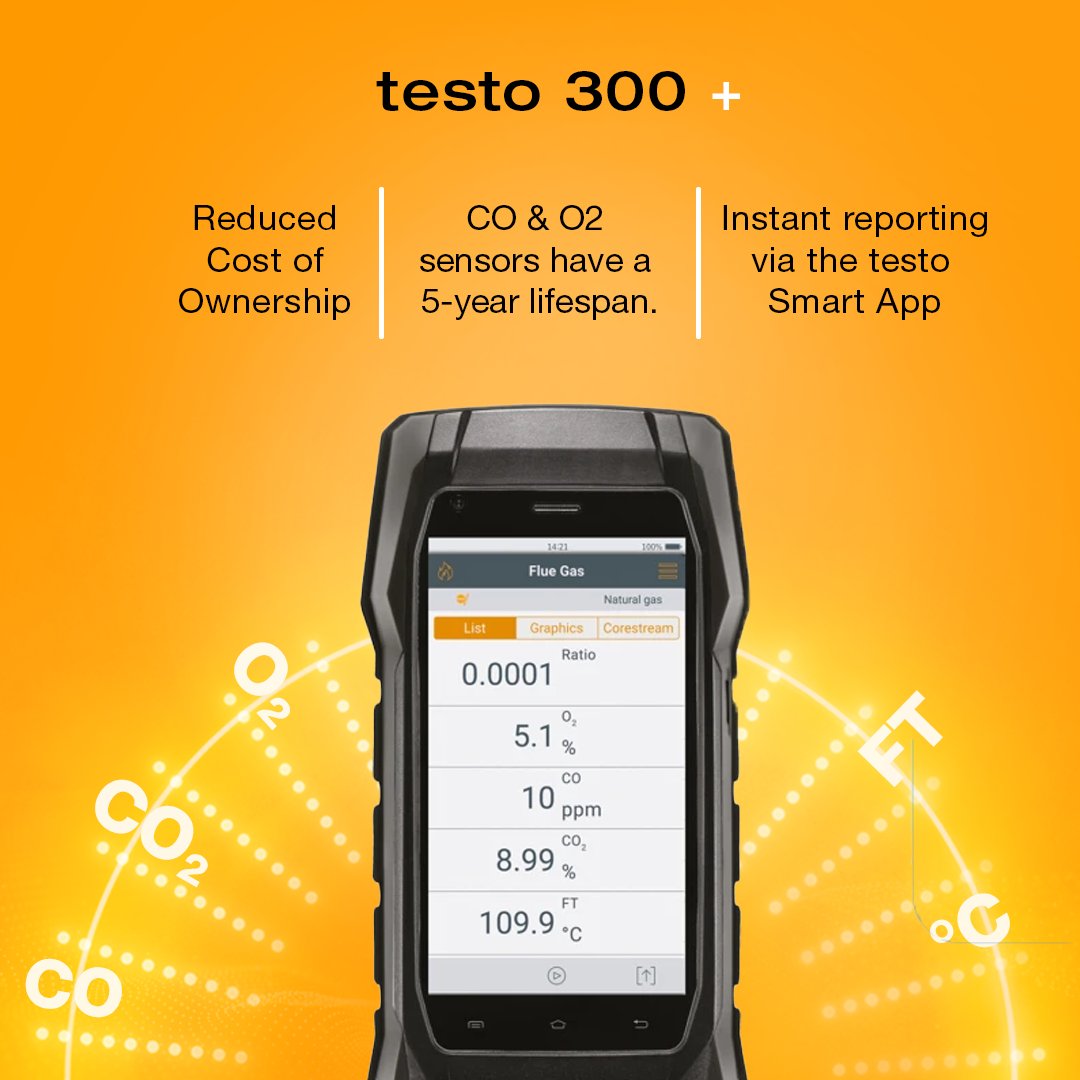 TestoLimited's tweet image. Engineers, say goodbye to complicated measurements! The testo 300+ Flue Gas Analyser Handset brings smart-touch technology, robust design, and improved co and O2 sensors for reduced cost of ownership.