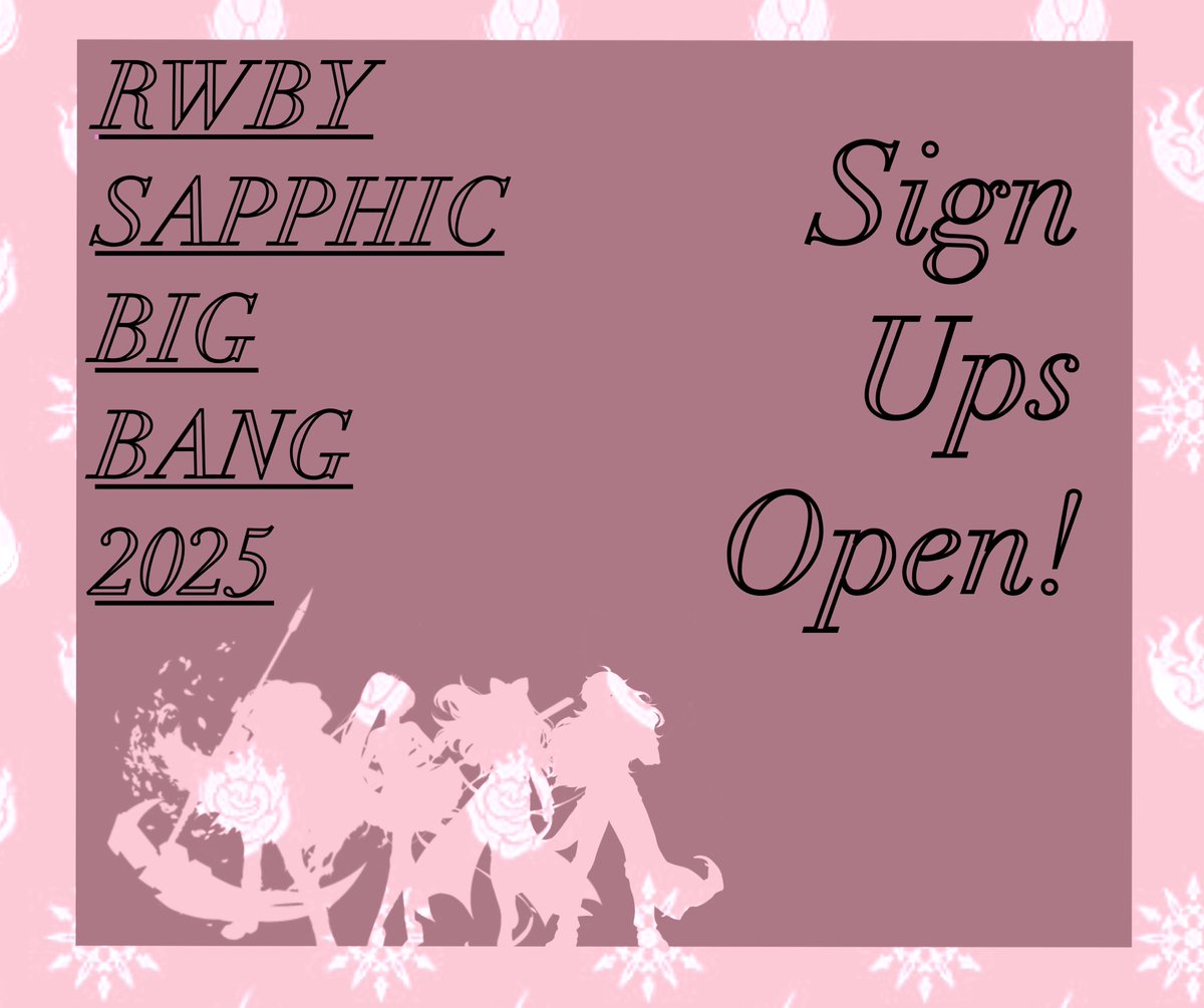 sapphicbang's tweet image. sign ups are open for the rwby sapphic big bang!
writers, sign up here: forms.gle/o4tebNfXXA4VeM…
artists, sign up here: forms.gle/88tR8Fo5YD4NU1…