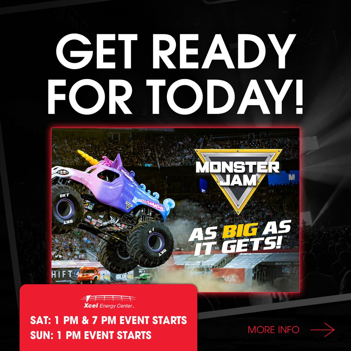 XcelEnergyCtr's tweet image. Get ready to rock and roll with MONSTER JAM at #MyXEC 🔥
Still need tickets? We've got you covered!
🎟️: bit.ly/4nQbS74