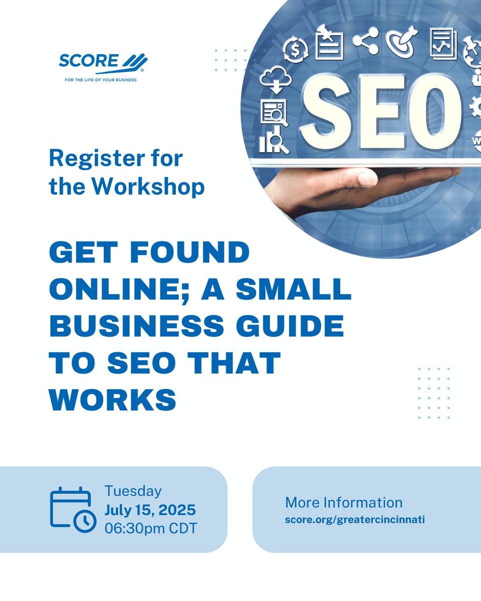 CincinnatiSCORE's tweet image. Join our “Get Found Online” SEO Workshop and learn simple, actionable strategies to drive more traffic to your website, no tech skills needed!

Register now: bit.ly/3I9iM6K

#SEOForBeginners #GetFoundOnline #SEOWorkshop