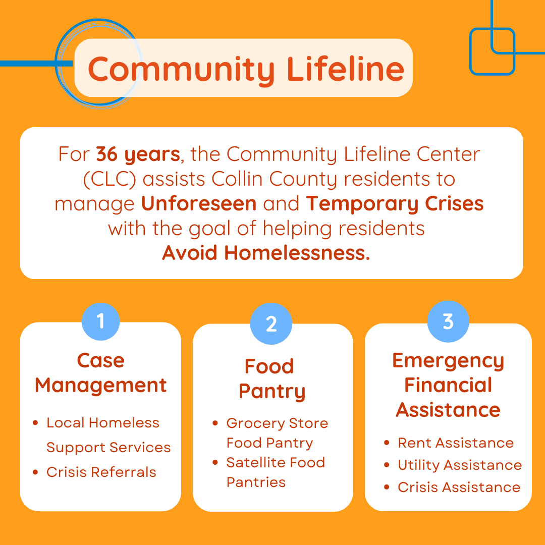 Comm_Lflne_Cntr's tweet photo. Who is Community Lifeline Center (CLC)? For 36 years, CLC has stood beside Collin County residents facing unexpected, temporary crises. Our mission is clear: keep families housed, fed, and stable—especially when life takes an unexpected turn. https://t.co/WHXlCj61at https://t.co/N0moSdLlI8