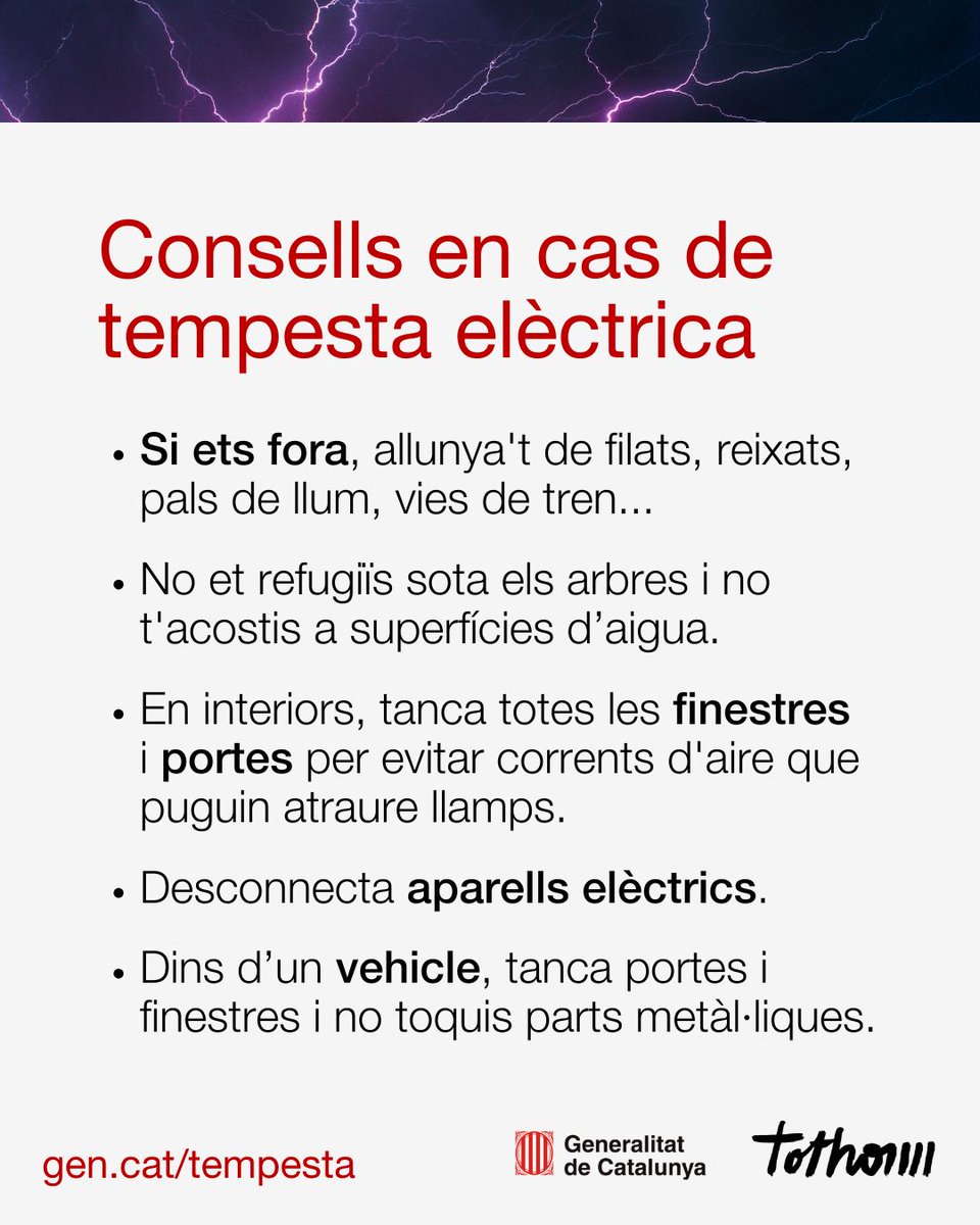 CONSELLS TEMPESTES AMB LLAMPS ⚡

Moltes de les pluges d'avui dissabte van acompanyades de tempesta, fort vent i llamps.

Saps què has de fer per protegir-te?? t'ho expliquem 👇

#INUNCAT