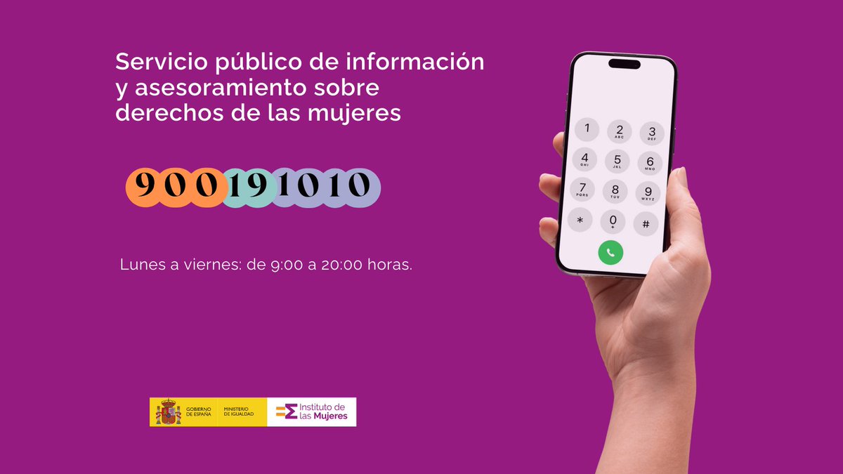Este es nuestro servicio telefónico de asesoramiento gratuito para informar sobre derechos de las mujeres: 900 19 10 10.

📌 De lunes a viernes laborables, entre las 9:00 y las 20:00 horas.

📞 Accesible para personas con discapacidad desde Telesor.