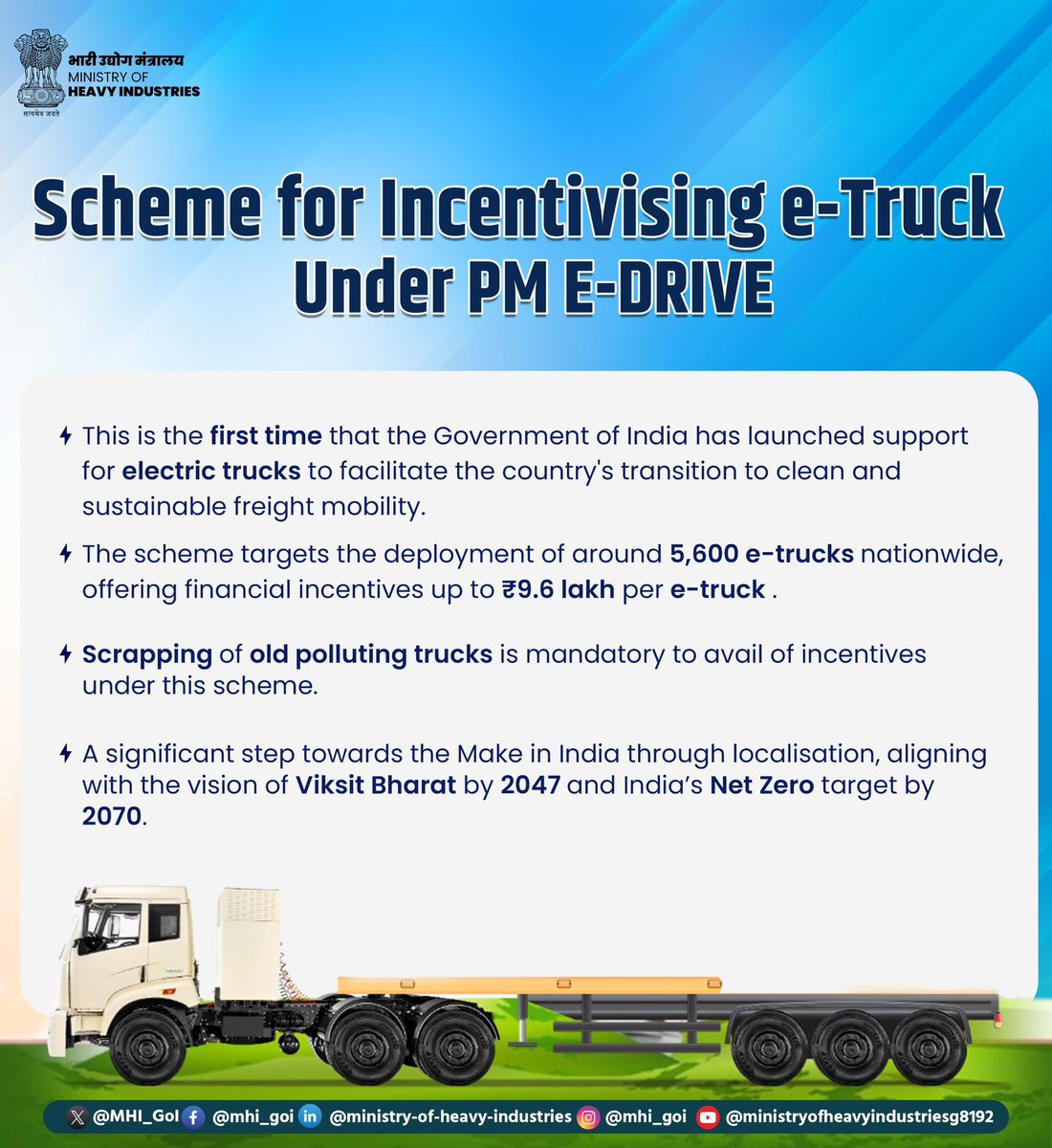 Ministry of Heavy Industries (@mhi_goi) on Twitter photo Under the visionary leadership of Hon’ble PM Shri <a href="/narendramodi/">Narendra Modi</a>, Union Minister of Heavy Industries & Steel, Shri <a href="/hd_kumaraswamy/">ಹೆಚ್.ಡಿ.ಕುಮಾರಸ್ವಾಮಿ | H.D.Kumaraswamy</a>, launched the scheme to incentivise e-Trucks under the PM E-DRIVE.
For the first time, the Government of India is extending targeted support for Under the visionary leadership of Hon’ble PM Shri <a href="/narendramodi/">Narendra Modi</a>, Union Minister of Heavy Industries & Steel, Shri <a href="/hd_kumaraswamy/">ಹೆಚ್.ಡಿ.ಕುಮಾರಸ್ವಾಮಿ | H.D.Kumaraswamy</a>, launched the scheme to incentivise e-Trucks under the PM E-DRIVE.
For the first time, the Government of India is extending targeted support for