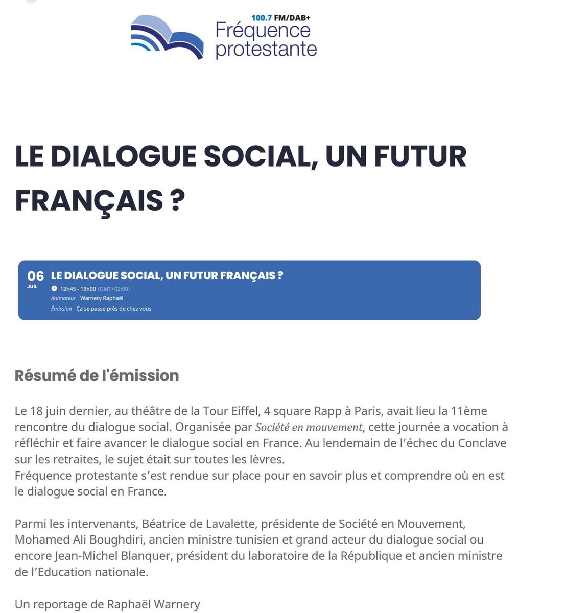 À écouter sur  Fréquence protestante 1 beau reportage sur les Rencontres du Dialogue Social que j’ai organisé: retrouvez <a href="/jmblanquer/">Jean-Michel Blanquer</a> &amp; j’y explique pourquoi il faut miser sur le dialogue social &amp; la confiance aux partenaires sociaux pr + de perf économique bit.ly/3IDUIJo