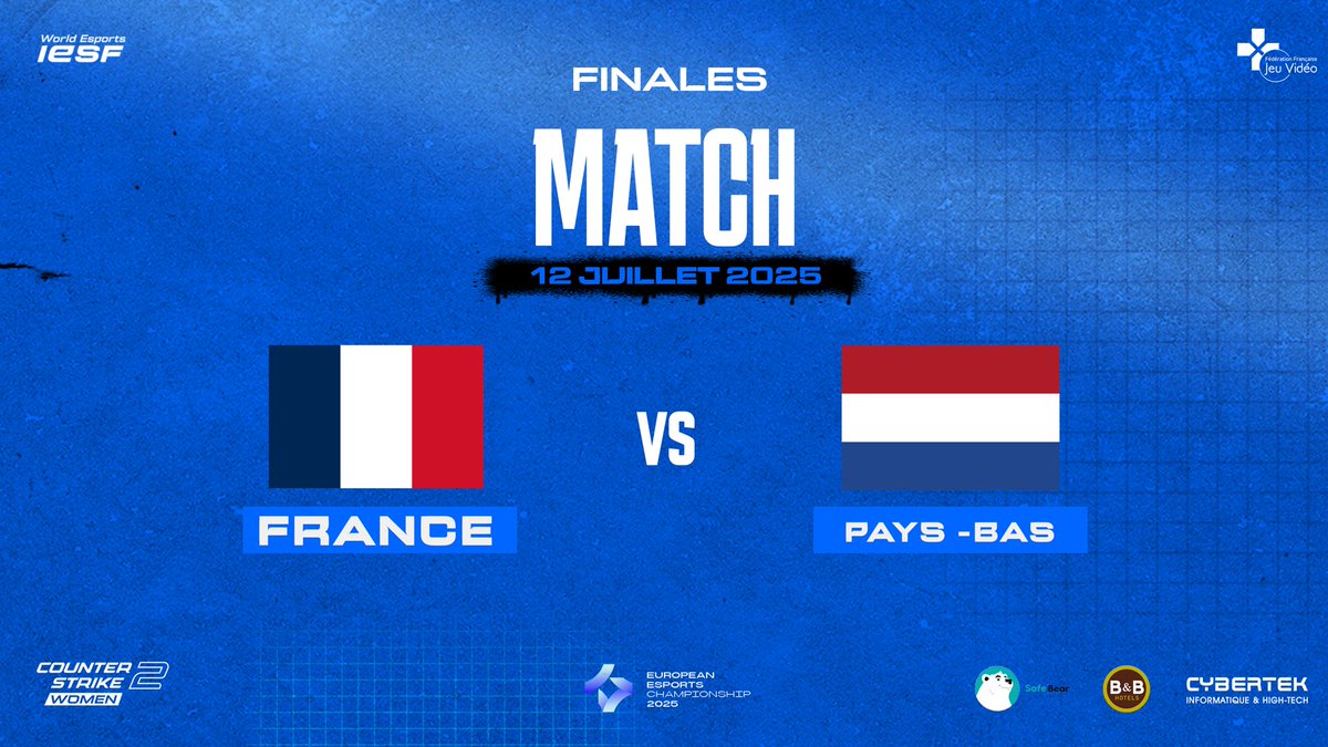 Miss Pikatchette (@misspikatchette) on Twitter photo 🛎️IESF European Esports Championship 2025 CS2 Women
FINAL : 🇫🇷 🆚 🇳🇱
Nos françaises se sont hissées jusqu’en final de ces championnats d’europe
⚔️ Elles affrontent les Pays-Bas en B03
⌚️RDV à 11H
🎙️<a href="/Aieclakx/">Antoine Bchini</a> & <a href="/MissPikatchette/">Miss Pikatchette</a>
🎥 twitch.tv/ffjv_officiel 🛎️IESF European Esports Championship 2025 CS2 Women
FINAL : 🇫🇷 🆚 🇳🇱
Nos françaises se sont hissées jusqu’en final de ces championnats d’europe
⚔️ Elles affrontent les Pays-Bas en B03
⌚️RDV à 11H
🎙️<a href="/Aieclakx/">Antoine Bchini</a> & <a href="/MissPikatchette/">Miss Pikatchette</a>
🎥 twitch.tv/ffjv_officiel