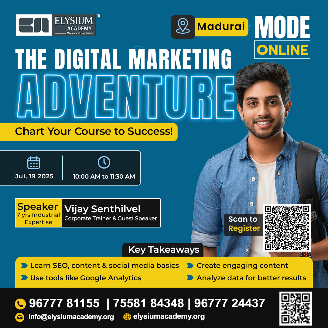 elysiumacademy's tweet image. 🎓 Elysium Academy Presents: The Digital Marketing Adventure – Online Workshop 🌐✨
📌Link to Register: docs.google.com/.../1FAIpQLSf8…...
#elysiumacademymadurai #googleadtraining #networkingcourse #smmagency #SearchEngineOptimization #DigitalMarketingCourse #socialmediamarketing