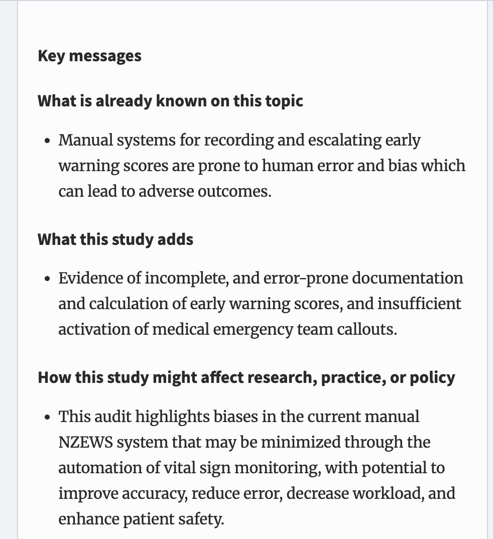 We have two new publications. The first is in Postgrad Med Journ: A single-centre audit of early warning scores and medical emergency team activation in medical and surgical admissions at Wellington Regional Hospital

academic.oup.com/pmj/advance-ar…