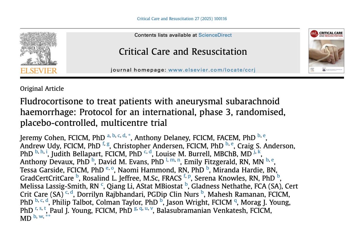 The second is the protocol for the FLASH trial in CCR:

Fludrocortisone to treat patients with aneurysmal subarachnoid haemorrhage: Protocol for an international, phase 3, randomised, placebo-controlled, multicentre trial

pdf.sciencedirectassets.com/784137/1-s2.0-…