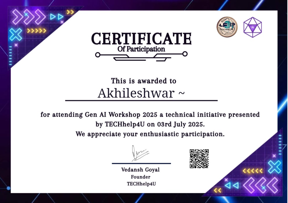 theakhileshwar's tweet image. 🚀 Just attended the Gen AI Workshop 2025 hosted by @__hidevs – an insightful session exploring the future of Generative AI and its real-world impact
📜Certificate earned,more learning ahead!

#GenAI #ArtificialIntelligence #TechHelp4U #AIWorkshop #TechTwitter #LearningNeverStops