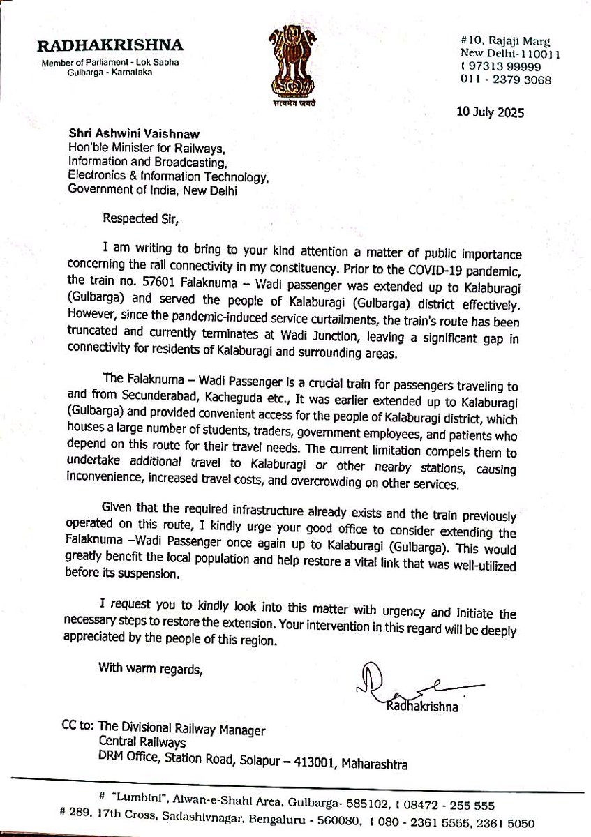 Kalyana-Karnataka Railway Development (@rlyhydka) on Twitter photo Thank you <a href="/RadhaKrishnaINC/">RadhaKrishna Doddamani</a> sir for requesting new train b/w #Secunderabad - #Ashokaram train via #Bidar,#Kalaburagi, #Bengaluru
<a href="/drmsbc/">DRM Bengaluru</a> <a href="/DrmMys/">DRM Mysuru</a> <a href="/DRMSolapur/">DRM Solapur</a> <a href="/drmgtl/">DRM Guntakal</a> <a href="/SWRRLY/">South Western Railway</a> <a href="/GMSWR/">GM SWR</a> <a href="/AshwiniVaishnaw/">Ashwini Vaishnaw</a> <a href="/drmsecunderabad/">DRM Secunderabad</a> <a href="/SCRailwayIndia/">South Central Railway</a> <a href="/VSOMANNA_BJP/">V. Somanna</a> <a href="/PriyankKharge/">Priyank Kharge / ಪ್ರಿಯಾಂಕ್ ಖರ್ಗೆ</a> <a href="/Central_Railway/">Central Railway</a> Thank you <a href="/RadhaKrishnaINC/">RadhaKrishna Doddamani</a> sir for requesting new train b/w #Secunderabad - #Ashokaram train via #Bidar,#Kalaburagi, #Bengaluru
<a href="/drmsbc/">DRM Bengaluru</a> <a href="/DrmMys/">DRM Mysuru</a> <a href="/DRMSolapur/">DRM Solapur</a> <a href="/drmgtl/">DRM Guntakal</a> <a href="/SWRRLY/">South Western Railway</a> <a href="/GMSWR/">GM SWR</a> <a href="/AshwiniVaishnaw/">Ashwini Vaishnaw</a> <a href="/drmsecunderabad/">DRM Secunderabad</a> <a href="/SCRailwayIndia/">South Central Railway</a> <a href="/VSOMANNA_BJP/">V. Somanna</a> <a href="/PriyankKharge/">Priyank Kharge / ಪ್ರಿಯಾಂಕ್ ಖರ್ಗೆ</a> <a href="/Central_Railway/">Central Railway</a>