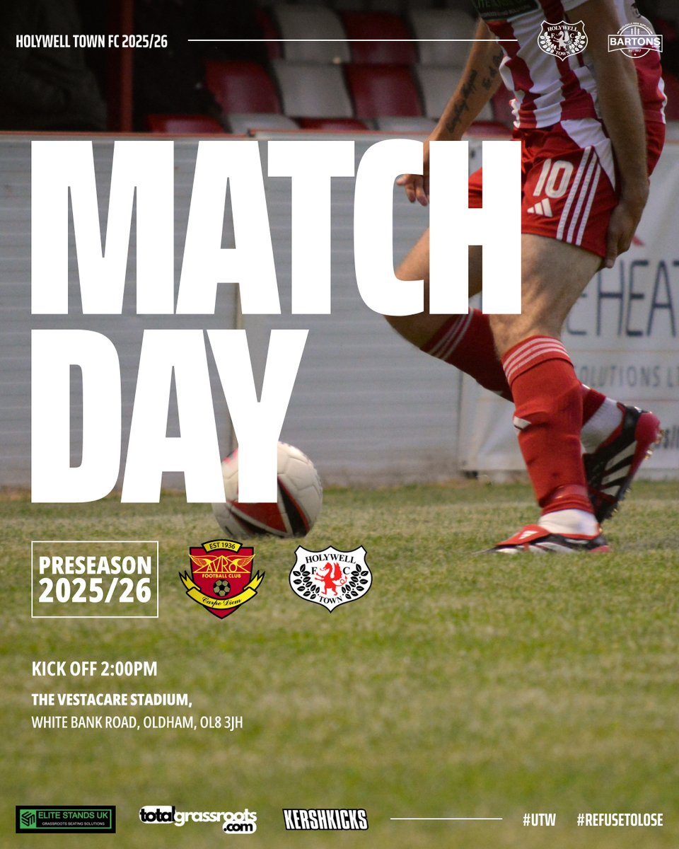 Holywell Town Football Club (@holywelltownfc) on Twitter photo It's Match Day!
Wellmen vs <a href="/AvroFC/">Avro FC</a> at the Vestacare Stadium. It's going to be a scorcher so please take precautions.
- Kick off is 2pm
- Β£5 adults /Β£3 concessions / U8s Free
- Free parking onsite
- The Vestacare Stadium, OL8 3JH
<a href="/KershKicks/">KershKicks</a> <a href="/EliteStands/">Elite Stands</a> <a href="/totalgrassroots/">TotalGrassroots</a> It's Match Day!
Wellmen vs <a href="/AvroFC/">Avro FC</a> at the Vestacare Stadium. It's going to be a scorcher so please take precautions.
- Kick off is 2pm
- Β£5 adults /Β£3 concessions / U8s Free
- Free parking onsite
- The Vestacare Stadium, OL8 3JH
<a href="/KershKicks/">KershKicks</a> <a href="/EliteStands/">Elite Stands</a> <a href="/totalgrassroots/">TotalGrassroots</a>