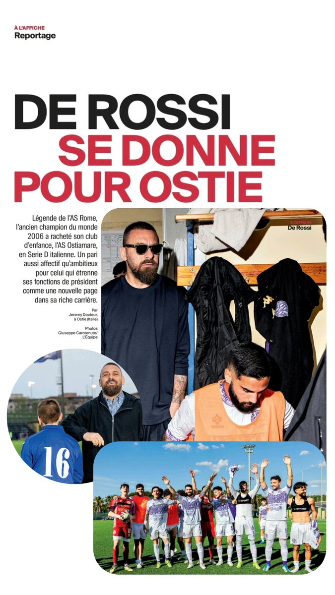 Dans France Football, direction Ostia, sur la côte en périphérie de Rome, pour rencontrer Daniele De Rossi.

La légende de la Roma a racheté son club d'enfance. Une histoire touchante et un attachement sincère à ses racines. En papier ce jour et en ligne : lequipe.fr/France-Footbal…